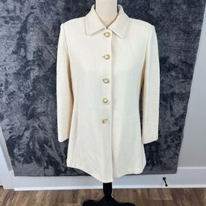 Vtg St. John By Marie Gray Knitted Blazer Jacket Cream Women's 6 Collar Pockets*